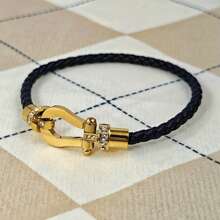 1pc Fashionable Minimalist U-Shaped Micro-Inlaid Half-Brick Magnetic Buckle Braided Leather Bracelet, Unisex Daily Wear, Holiday Gift