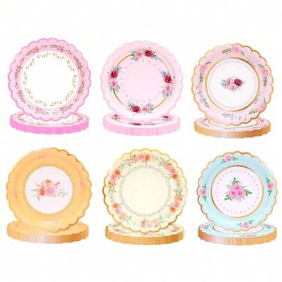 12pcs/24pcs 6 Styles 7 Inch Vintage Floral Dessert Plates Watercolor Disposable Paper Plates Scalloped Retro Flower Decorative Dessert Plates Cake Plates For Birthday Wedding Bridal Shower Tea Party Decor Supplies