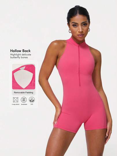 Sodalemon Women Zipper Tight Fitness Jumpsuit Backless Peach Hip Shorts Yoga Jumpsuit