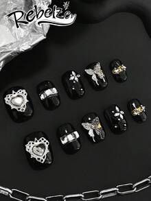 10 Pieces Of Hand Pressed Square Nails, Dark Style Nail Art, Beautiful Fake Nails, DIY, Halloween Nails, Butterfly, Heart Nail Accessories, Black Nail Sequins, Suitable For Girls And Ladies For Weddings, Parties, Holiday Scenes, Gift A Nail Kit - Black and White - View 4
