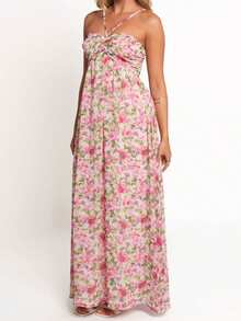 Women's Summer Sleeveless Backless Floral Boho Maxi Dress Spaghetti Strap Ruched Smocked Flowy Long Dress Beach Sundress - 粉色 - 查看 3