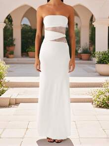 Women's Summer Long Tube Dress Sheer Lace Patchwork Sleeveless Strapless Backless Bodycon Ankle Length Dress - 白色 - 查看 4