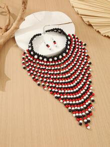 1 Set Di Collana e orecchini fatti a mano, a più strati, con nappine esagerate e perline, adatti per serate, vacanze, stile sud-est asiatico, bohémien, mediorientale, occidentale, retrò, raffinati