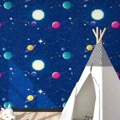 Peel And Stick Wallpaper Roll, With Galaxy Sun And Planet Pattern - Suitable For Living Room, Bedroom, Kitchen, Dorm, And Home Furniture Renewal Peeling Wall Cover