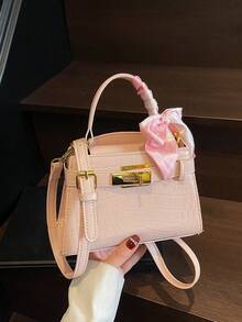 Luxury Crocodile Embossed Women's Handbag, Exquisite Fashion Metal Decor, Adjustable Shoulder Strap Crossbody Bag, Minimalist Style Strap Decor Commuter Bag, Magnetic Closure, Multi-Functional Lightweight Tote Crossbody Bag, Fashion Scarf Decor Design Handbag, Suitable For Gifts, Shopping, Dates, Business Travel, Vacation And Other Occasions. , Pink - Pink - View 7