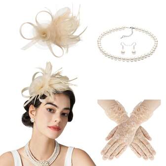 4Pcs Set Fascinators Hats For Women Tea Party Feather Headband Kentucky Derby Headwear Fascinator 1920s Lace Gloves Set