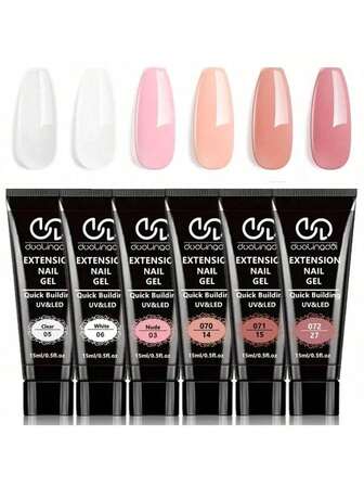 6 种经典颜色指甲延长凝胶套装 - 聚合物凝胶套装，用于美甲 DIY，粉色裸色凝胶指甲增强
