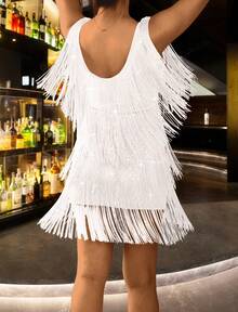 Summer Womens Retro Glitter Fringe Trim Tassel Sleeveless Bodycon Flapper Mini Dress Bar Costume Evening Cocktail Party Ball Gown Strap Plain Camis Dance Dress Clubwear - White - View 2