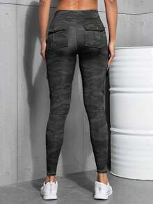 Damkläder med kamouflagetryck, sportyogaleggings, multi-pocket casual fitness skinny byxor och tights - Grå - Visa 5