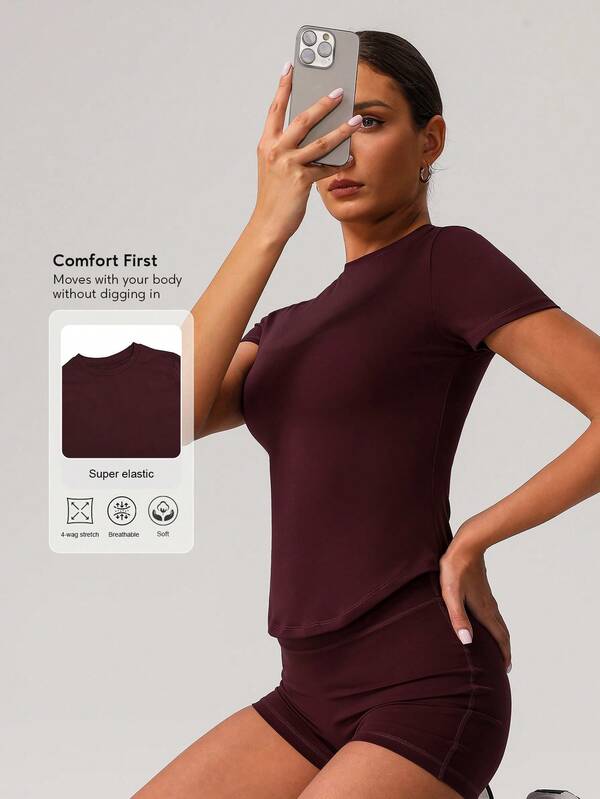 Sodalemon Women Round Neck Casual Outdoor Training Short Sleeve Running Fitness Workout Sport T-Shirt