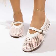 时尚镂空网眼女鞋，一脚蹬平底鞋，带扣轻便软底网鞋，休闲室内/室外穿着，舒适芭蕾平底鞋，春夏 - 白色 - 查看 4