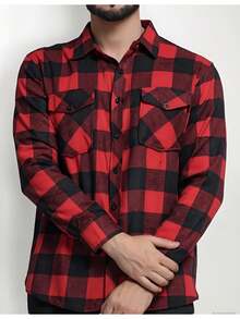 Men's Plaid Flannel Long Sleeve Shirt Ready For Delivery - Red and Black - View 2