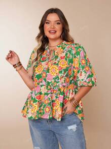 Plus Size Women Casual Floral Print Ruffle Collar Tie Waist 3/4 Lantern Sleeve A-Line Blouse Shirt, For Summer
