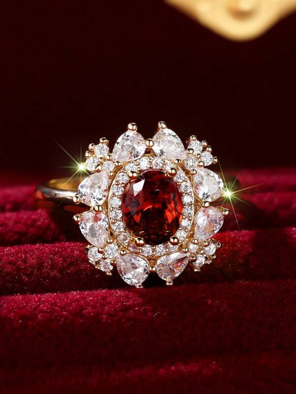 1pc Luxury Sparkling Elegant Oval CZ Floral Edging Full Rhinestone Palace Style Women's Ring, Gift For Engagement, Wedding, Anniversary, Birthday, Proposal