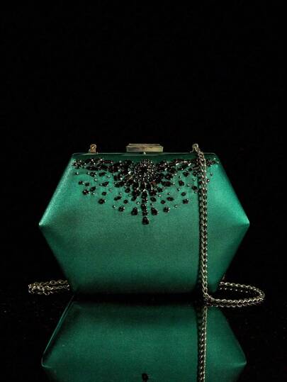Hexagonal Hand-Stitched Rhinestone Evening Bag, Heavy Industries Elegant Box Clutch Purse For Ladies, Party/Prom/Wedding