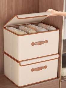 1PC 可折叠储物盒，带盖可洗织物储物箱，大号储物篮，可折叠搁架储物篮，带手柄的织物储物箱，米色，