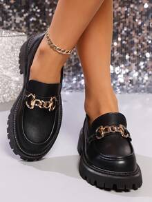 2025 New Thick Sole Women Black Loafers, Casual Fashion Gold Buckle Slip-On Round Toe Everyday Wear Commute Retro Leather Shoes, Suitable For Nurses And Flight Attendants - Black - View 3