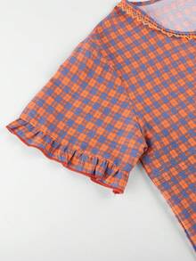 2pcs/Set Women's Pajamas Loungewear, Open Front Lace Patchwork Plaid Print Short Sleeve Top, 3/4 Length Pants With Ruffle Hem, Comfortable For Home Wear - Coral Orange - View 7
