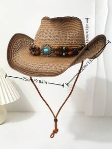 1pc Women's Zirconia Chain Decorated Gradient Perforated Windproof Rope Straw Hat, Panama Hat, Spring/Summer Unisex Fashion Versatile Sun Protection Hat Suitable For Daily Wear, Beach, Outdoor, Vacation - Top Hat - View 5