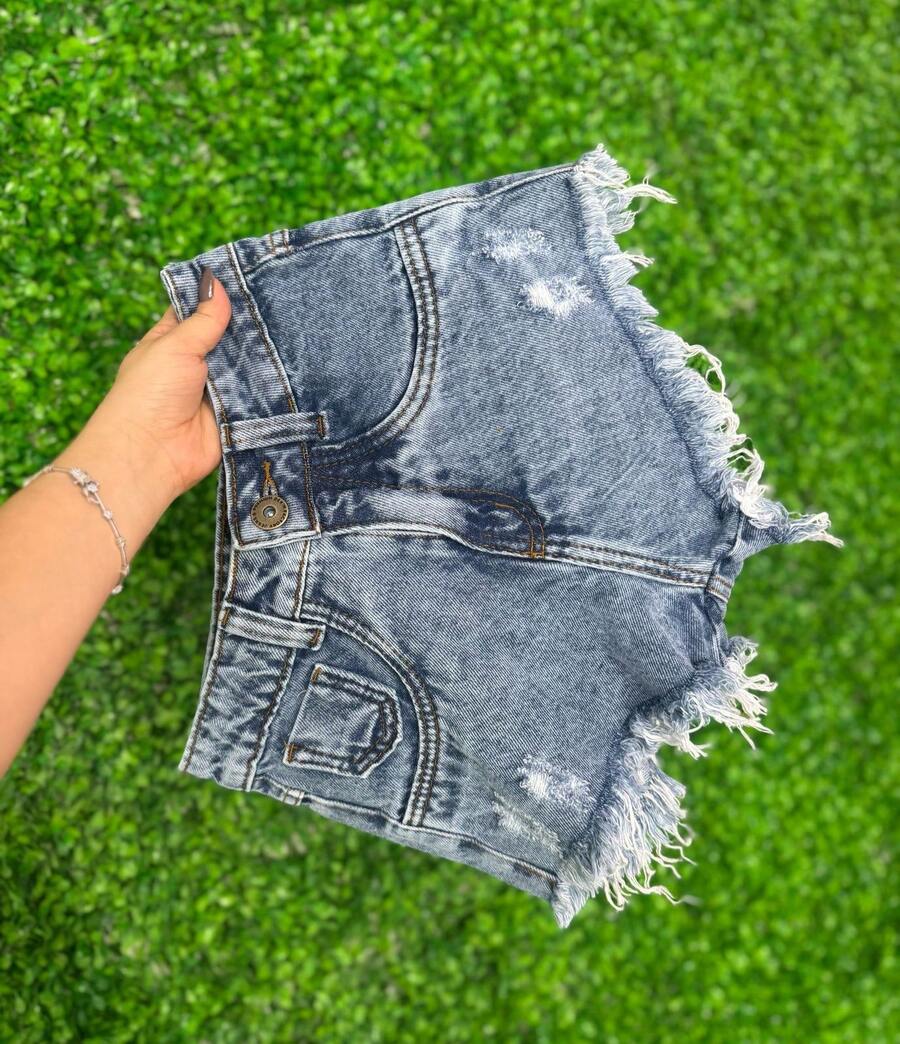 Women's High-Waisted Denim Shorts In Marbled Wash With Frayed Hem I 100% Cotton - Light Wash - View 1