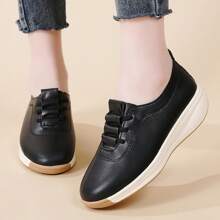 Women's Casual Height-Increasing Wedge Loafers - Lightweight, Versatile Slip-On Shoes With TPR Sole, Synthetic Upper & Insole, Lace-Up Design, Black, All-Season Comfort, Casual Footwear | Casual Style | Footwear