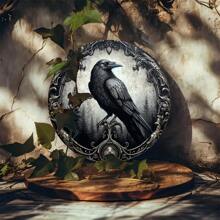 1 pieza Placa metálica 2D, placa decorativa redonda metálica con diseño de corona y cuervo, decoración de pared para hogar/café/apartamento/restaurante/sala de estar, regalo de fiestas, regalo para amantes de las aves, 8" X 8", estilo de perforación aleatorio