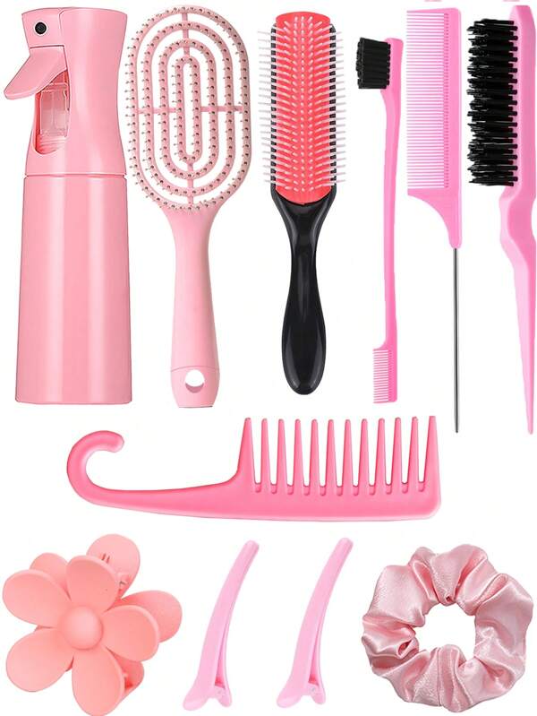 11pcs/1set Multi-Function Hair Styling Tools Kit: Rib Massage Comb To Relax Scalp & Reduce Hair Loss, 200ml High Pressure Spray Bottle, Densely Toothed Curling Comb To Detangle Hair, Big Coil Hair Ties For Hairstyles, Delicate Hair Accessories Suitable For All Hair Types & Women, Great Gift For Girlfriend Or Family, Hair Styling, Hair Stuff, Detangling Brush ,Hair Accessories, Hair Styling Kit, Hair Tool Kit, Hairstyling Set
