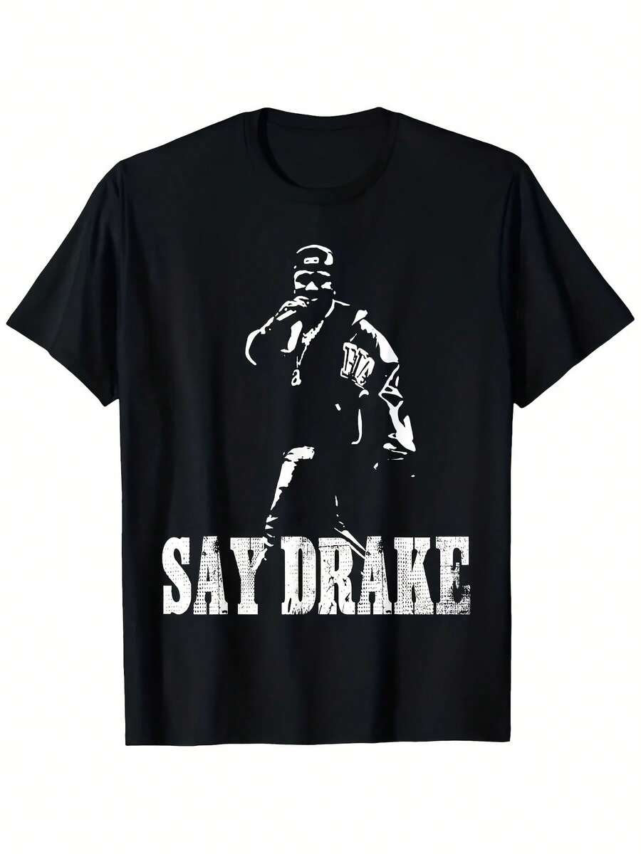 Camiseta Casual de Moda con Estampado de Patrón de Retrato con Impresión de Letras en Blanco y Negro, 1 Camiseta con Impresión de Letras de Dibujos Animados, 180 Gramos, 100% Algodón Pesado Puro. - Negro - Ver 1