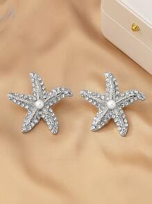 1 Pair Women's Elegant Diamond-Studded Starfish Stud Earrings, Shiny & Suitable For Everyday And Holiday Wear
