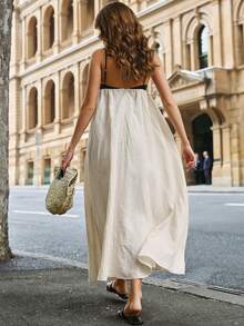 Plus Size Women Loose Fitting Suspender Linen Color Block A-Line Maxi Dress