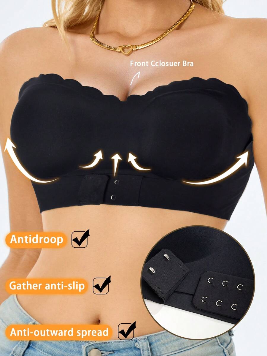 Women Strapless Non-Slip Bra Wireless, Front Closure Seamless Ruffle Hem Bustier - Black - View 1