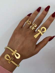 1PC Ankh Egyptian Key Of Life Health Power Cross 18k Gold Plated Stainless Steel Ring Bracelet Women Fashion Waterproof Unique Daily Wear Jewelry