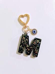 1pc Laser Black Shiny Resin A-Z Initial Keychain, With Devil Eye And Heart Keyring Bag Charm Pendant, Party Favor, Suitable For Holiday Gifts To Friends