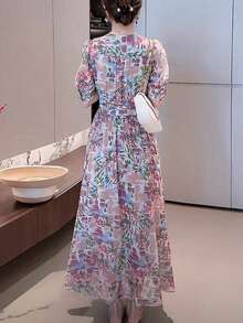 Vestidos Casual Dama De Manga Corta De Estampado Romántico Para Fiesta De diario,  Vestidos Elegantes Dama De Manga Corta Para Uso Diario Con Cuello En V,  Vestido para Mujer Moda De Gasa De Manga Corta Con Aberturas - Rojo - Ver 8