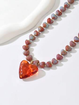 1pc Elegant Fashion Personalized Gold Heart, Orange Red Resin 3D Heart Pendant Necklace, French Drip Oil, Gold Chain, Asymmetrical Beaded Styles, Quality Necklace For Women, Suitable For Daily Wear, Vacation, Party, Matching Sexy Outfits. Please Understand That Each Resin Pendant Has An Injection Molding Gate At The Bottom.