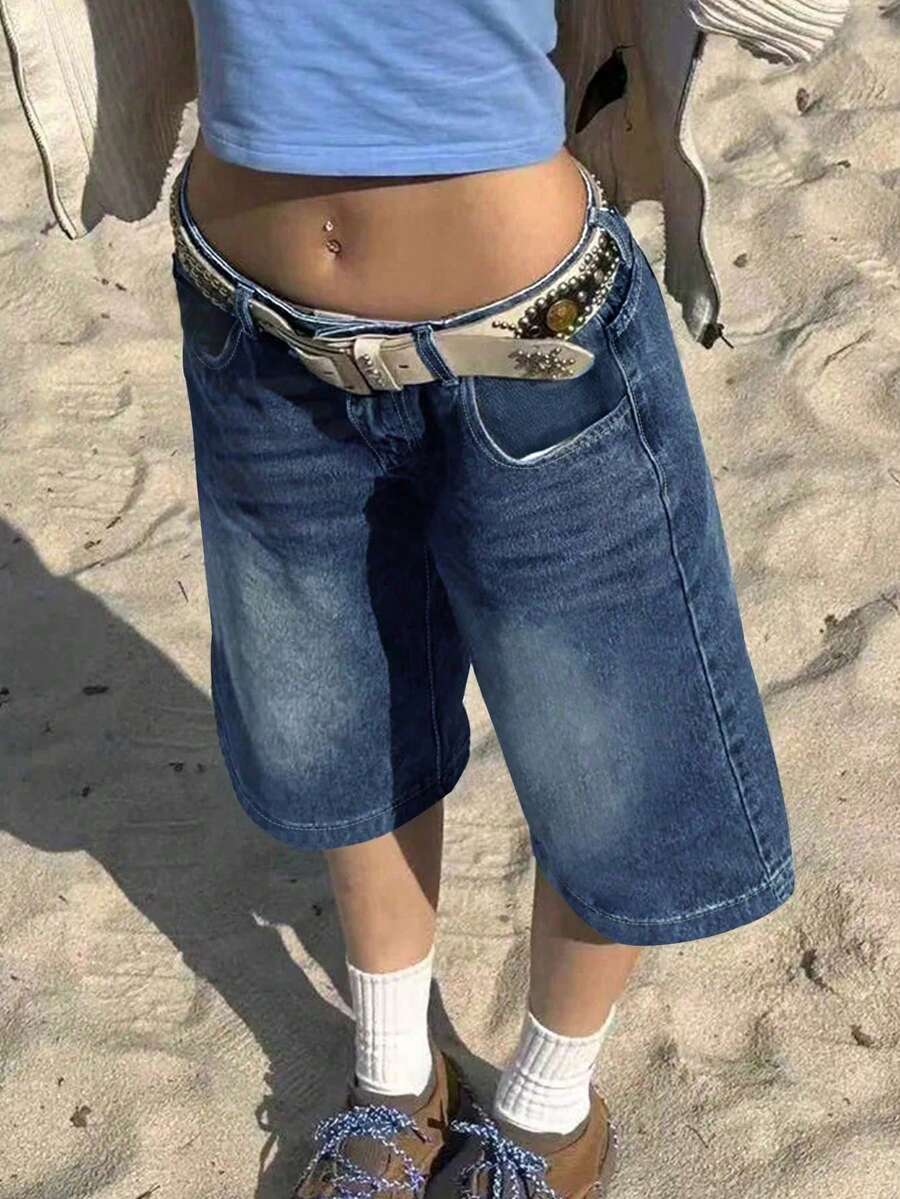 Y2K 复古水洗斜插口袋猫须喇叭百慕大牛仔裤，及膝牛仔短裤，夏季休闲七分裤 - 藍色 - 查看 1