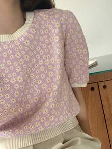 圆领短款泡泡袖雏菊印花针织上衣，适合夏季返校季女士穿着 - 紫色 - 查看 2