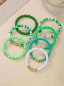 Conjunto de 7 peças/conjunto elegante de joias com contas de argila polímero CCB em formato de coração e pérolas artificiais, adequado para uso diário feminino, presente para família, namorada, melhor amiga, férias na praia, festival, aniversário, festa