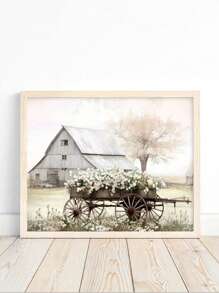 1 pieza Cartel de impresión de granero de carretera, paisaje de granja con flores para decoración de pared de sala de estar, póster listo para colgar, con opción de marco