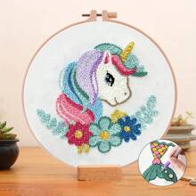 1 pieza Set de puntada y bordado de 20x20cm/7.9x7.9 pulgadas de hilo , kit relajante de puntada y bordado, con un hermoso unicornio, que incluye herramientas, aguja, hilo, tela bordada, banda de bordado y manual de instrucciones. Regalo amigable para principiantes para familiares y amigos, manualidades fáciles de aprender, artes decorativas para el hogar y la oficina.
