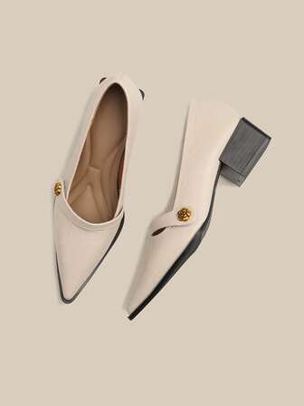 New Spring Camellia Flower Strap Closure, Beige Chunky Heel Pointed Toe Mary Jane Shoes, Suitable For Commuting, Party, Wedding And Daily Work - Versatile Fashion, Low-Cut, Slip-On Mary Jane Work Shoes, Stiletto High Heel Pumps