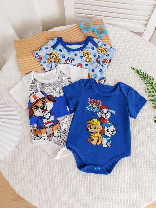 3pcs/Set Fashionable Infant Baby Boy Clothes, Round Neck Short Sleeve Loose Cute Puppy Pattern Newborn Romper