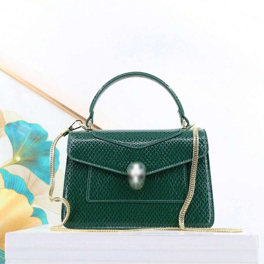 High-Quality Snake-Embossed Tote - Euro-American Chain Crossbody, Flap Top Design - Green - View 1