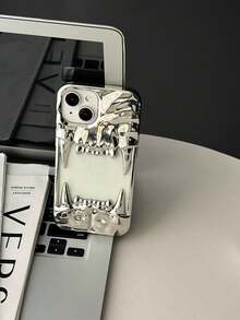 搞笑手机壳，丑陋手机壳 1 件银色电镀镂空皱纹虎牙，简约而独特的设计，男女皆宜 - 銀色 - 查看 3