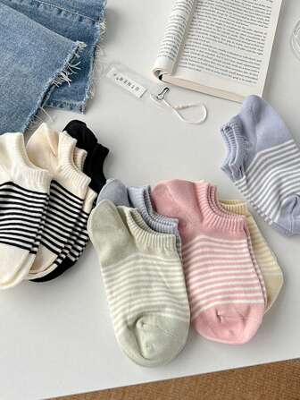 5 pares de calcetines de tobillo transpirables y cómodos con rayas para mujer, calcetines invisible, para verano