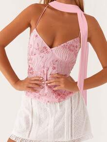 Women Camisoles Sequins Beaded Flower Embroidery V-Neck Casual Tank Tops Summer Fashion Sleeveless Tops With Choker Scarf - Hồng - Xem 4