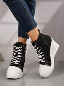 Novos Sapatos de Lona de Cano Alto Primavera Outono 2025, Sapatos Plataforma Casuais, Sapatos de Salto Interno para Mulheres Estudantes