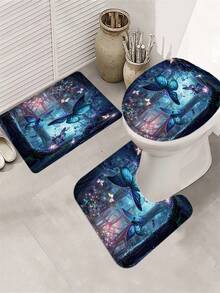 4PCS Forest Butterfly Pattern Shower Curtain Set. It Includes A Waterproof Shower Curtain For Bathtub Partition, A Waterproof Bathroom Partition Curtain With 12 Hooks, A Non-Slip Bathroom Mat, A Toilet U-Shaped Pad, And A Toilet Lid Cover Pad. This Is A Set Of Decorative Bathroom Supplies. Room Decor Bathroom Accessories Back To School Fall Decor Bathroom Decor - 彩色 - 查看 4