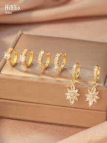Hihho 6 chiếc hoa tai đính đá Cubic Zirconia lấp lánh thiết kế hoa, phụ kiện thời trang cá nhân hóa thích hợp để đeo hàng ngày, lễ hội, hẹn hò, làm quà tặng - Vàng - Xem 1