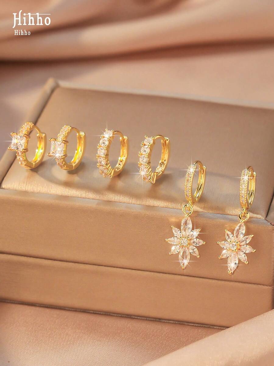 Hihho 6 chiếc hoa tai đính đá Cubic Zirconia lấp lánh thiết kế hoa, phụ kiện thời trang cá nhân hóa thích hợp để đeo hàng ngày, lễ hội, hẹn hò, làm quà tặng - Vàng - Xem 1